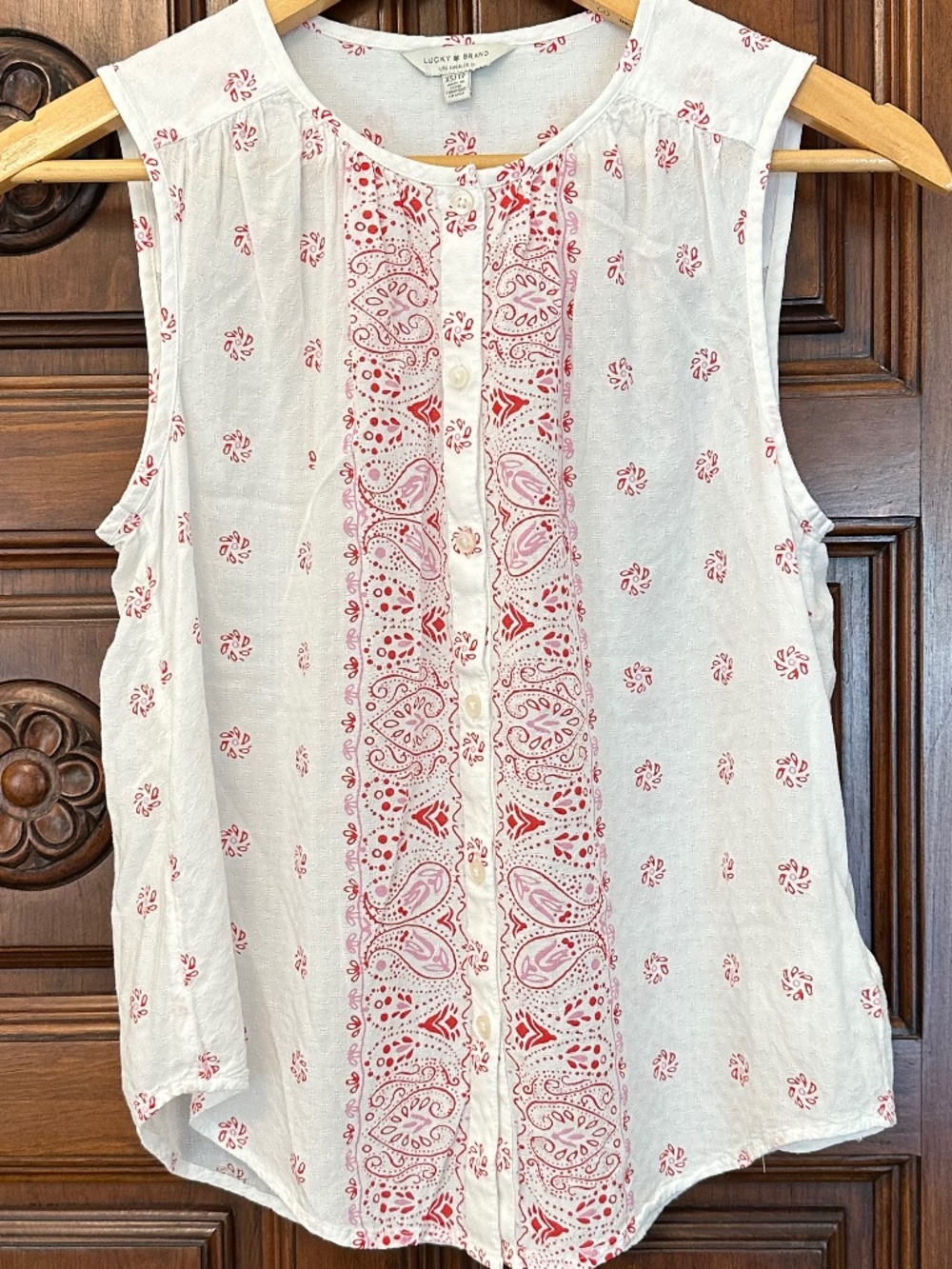 Lucky Brand white and red paisley sheer sleeveless top size XS